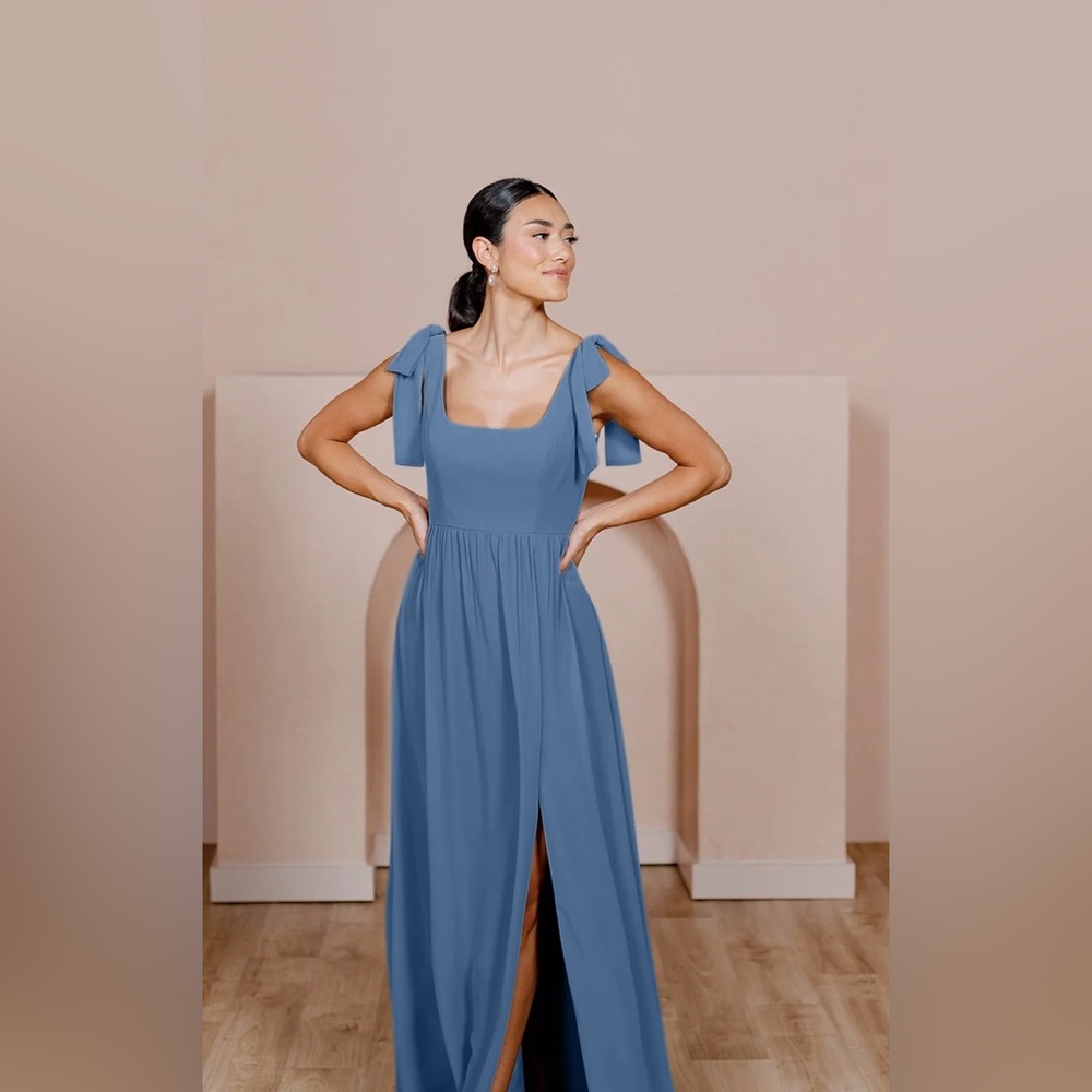 REVELRY Bridesmaids Dress Bowie Chiffon Dress in Dusty Blue